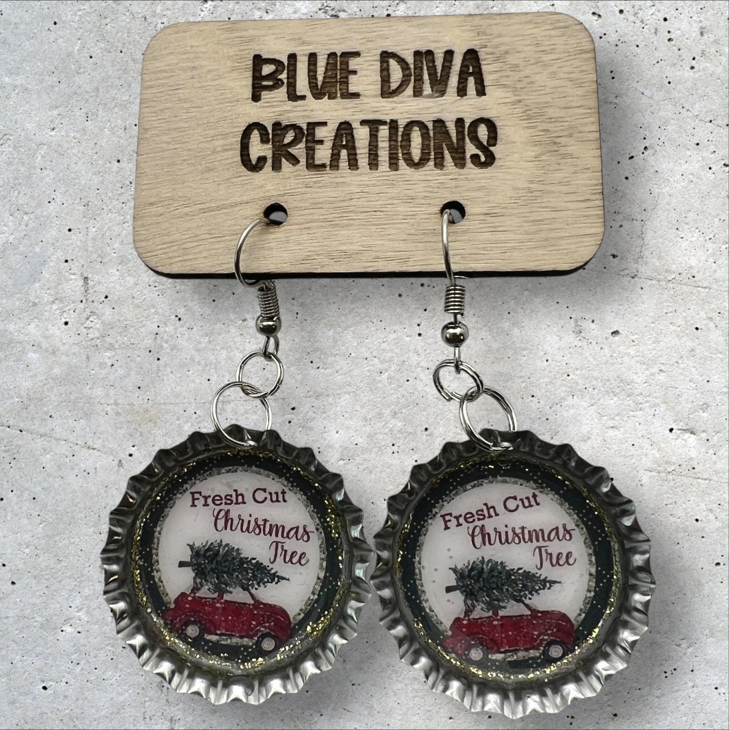 Fresh Cut Christmas Trees Bottle Cap Earrings