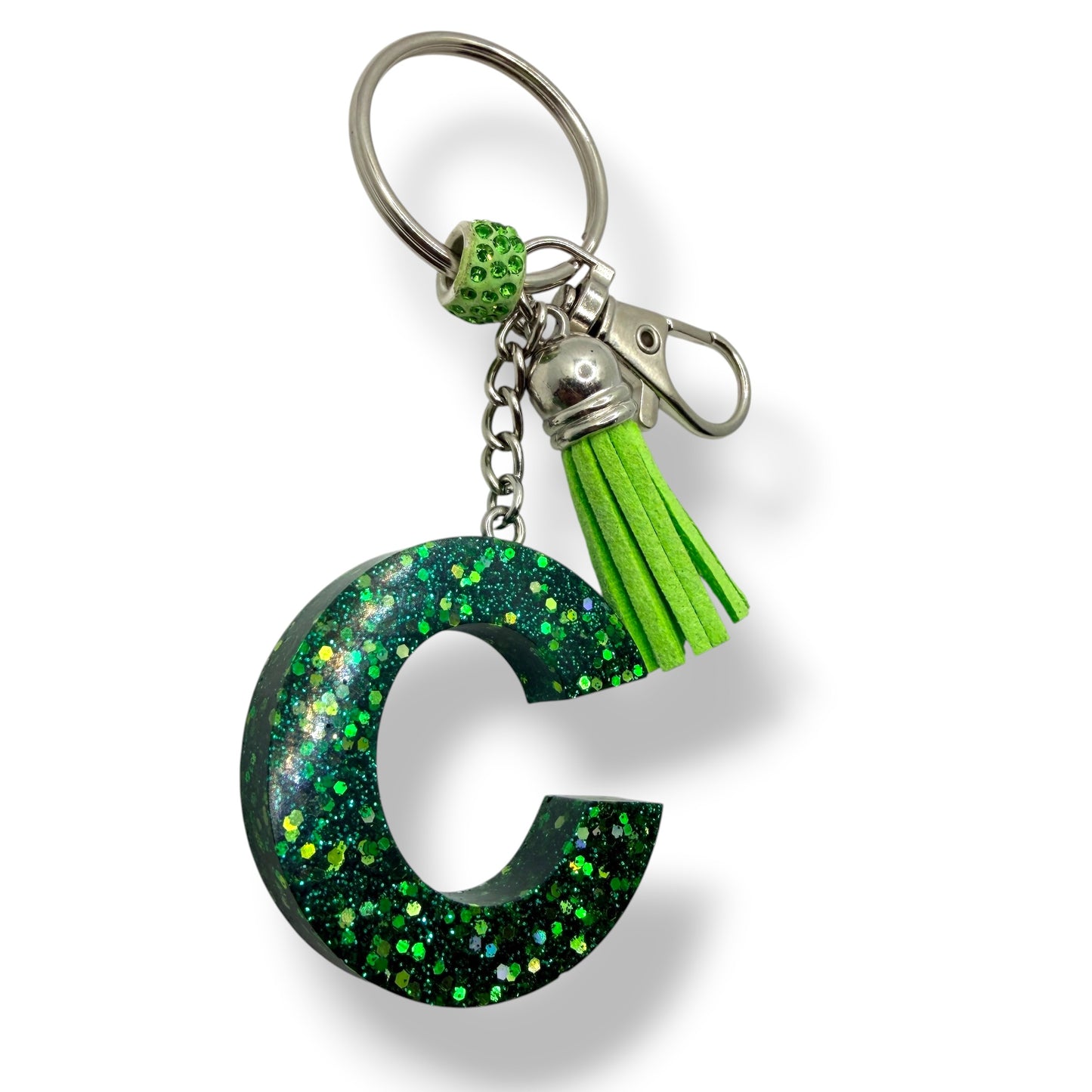 Green Glitter Initial Keychain – Resin Letter Charm with Tassel