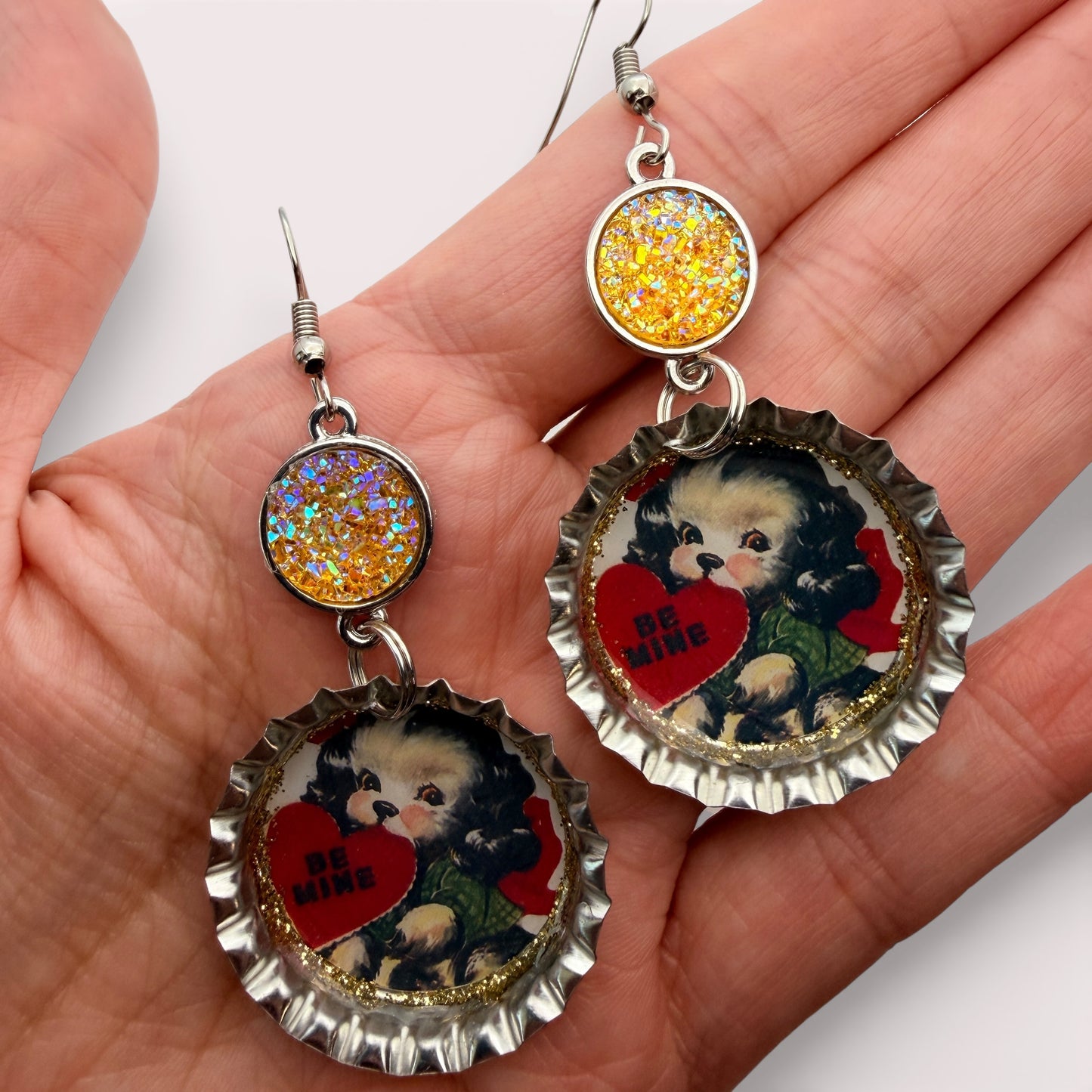Vintage Valentine Puppy Upcycled Bottle Cap Earrings – Be Mine