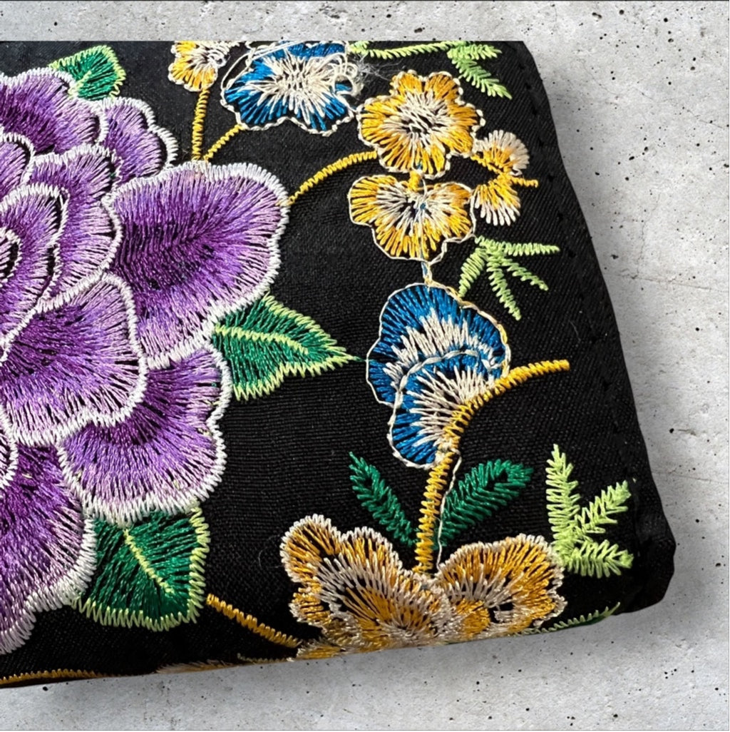 Purple Embroidered Floral Black 8x4 Zip Around Wallet