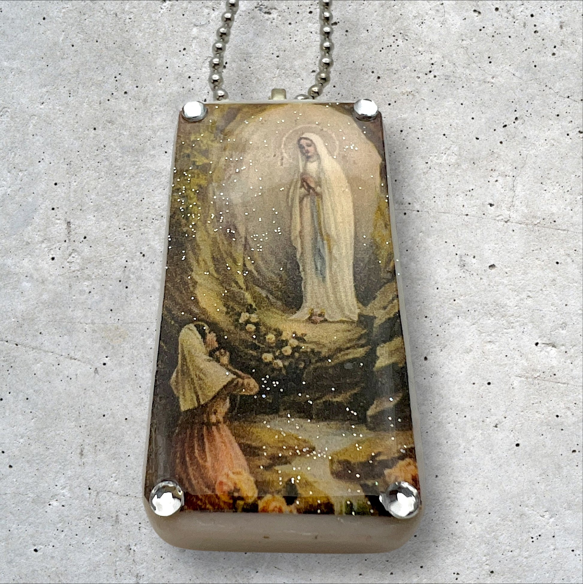 Religious blessed mother Virgin Mary Upcycled domino pendant 1x2 necklace with silver ball chain