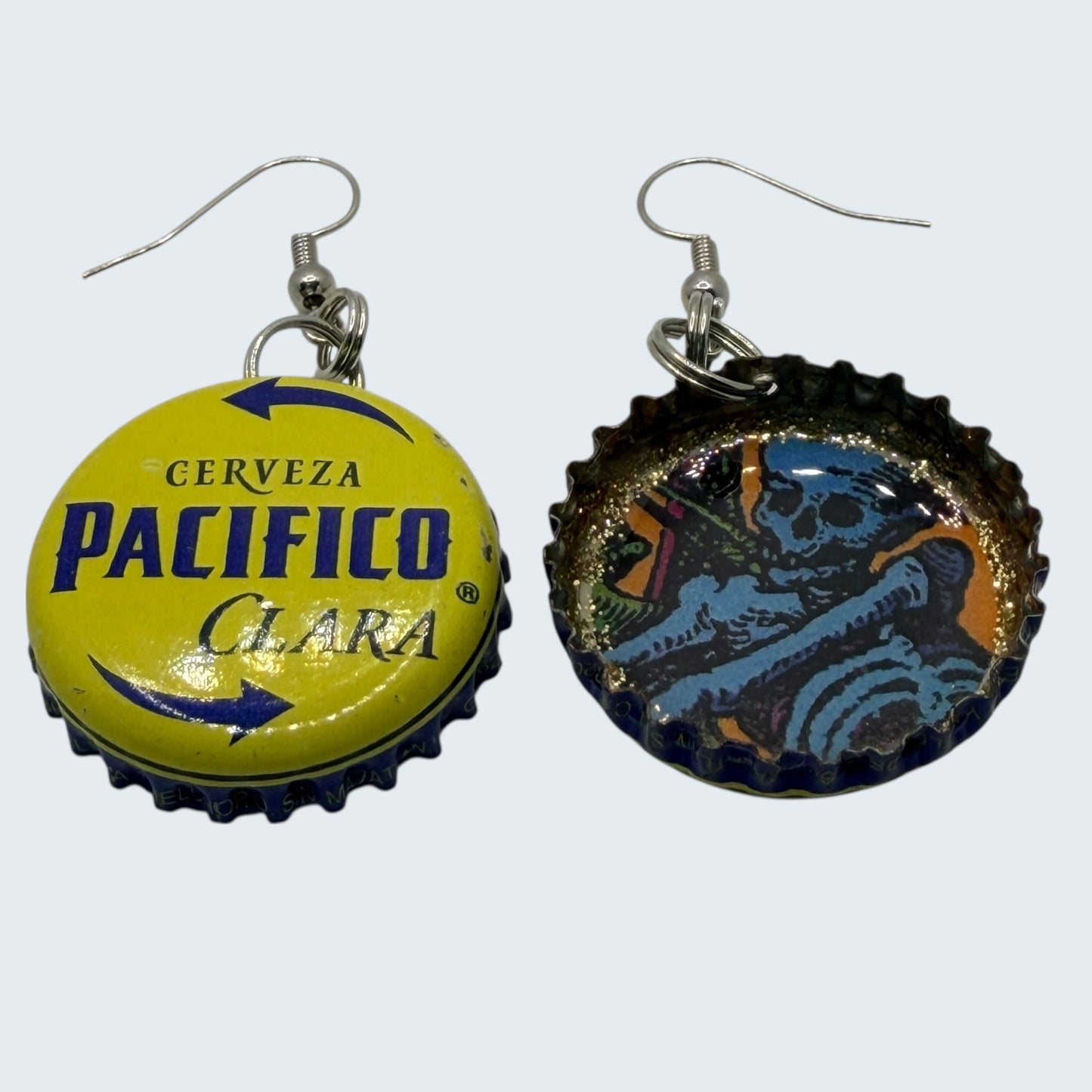 Upcycled Pacifico Bottle Cap Skeleton Earrings