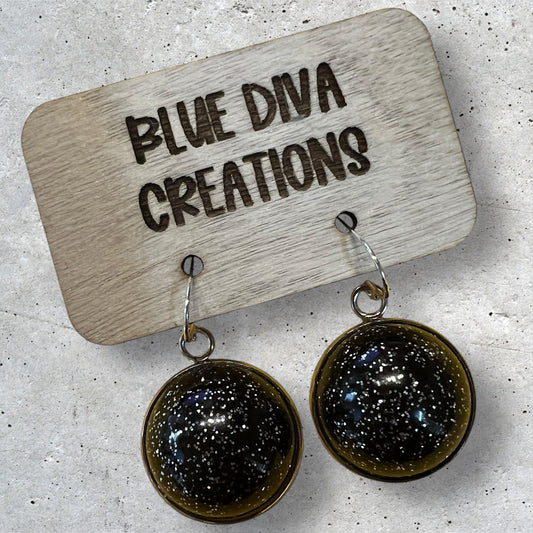 Black & Silver Domed Glitter Dangle 20mm  Resin Earrings