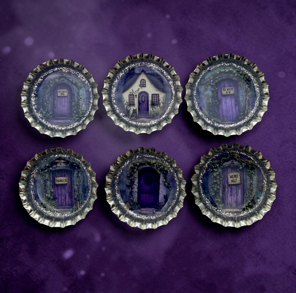 Purple Witch Door Bottle Cap Magnets
