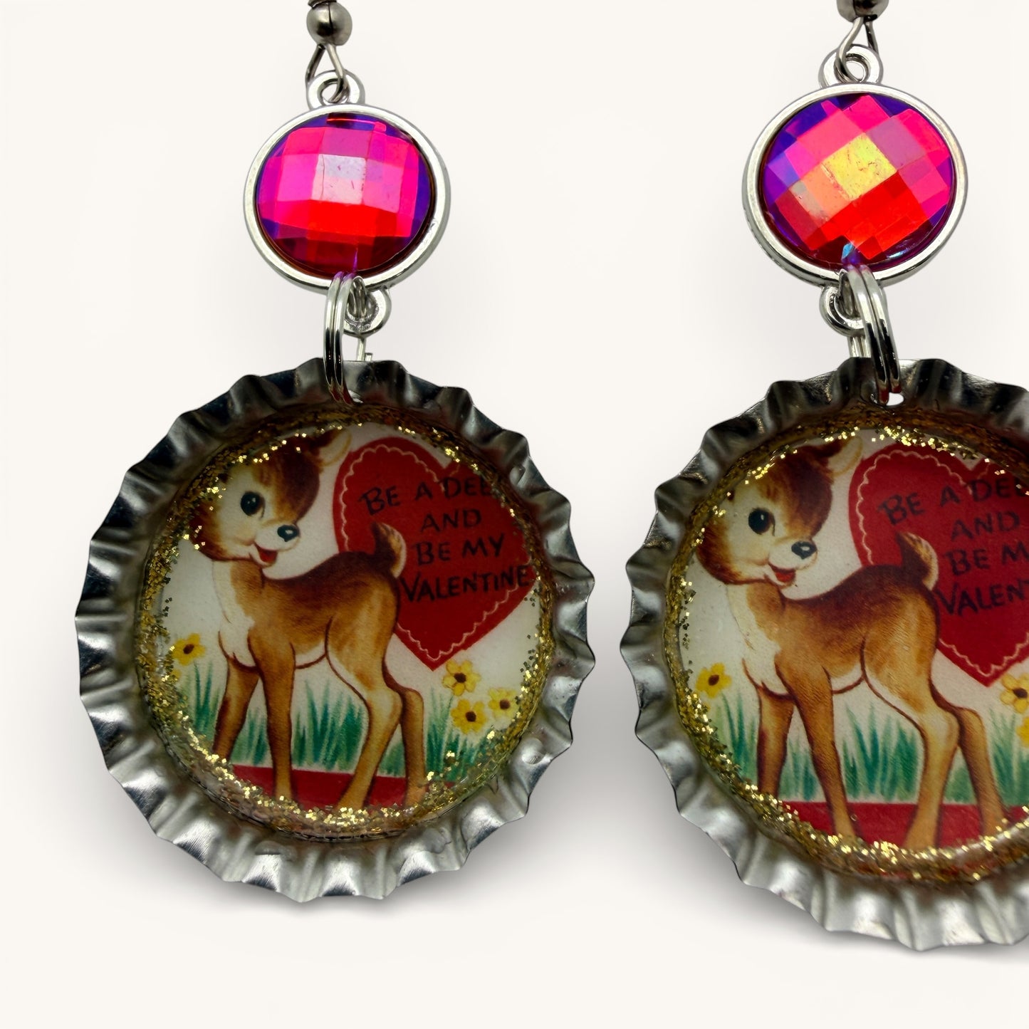 Vintage Valentine Deer Bottle Cap Dangle Earrings
