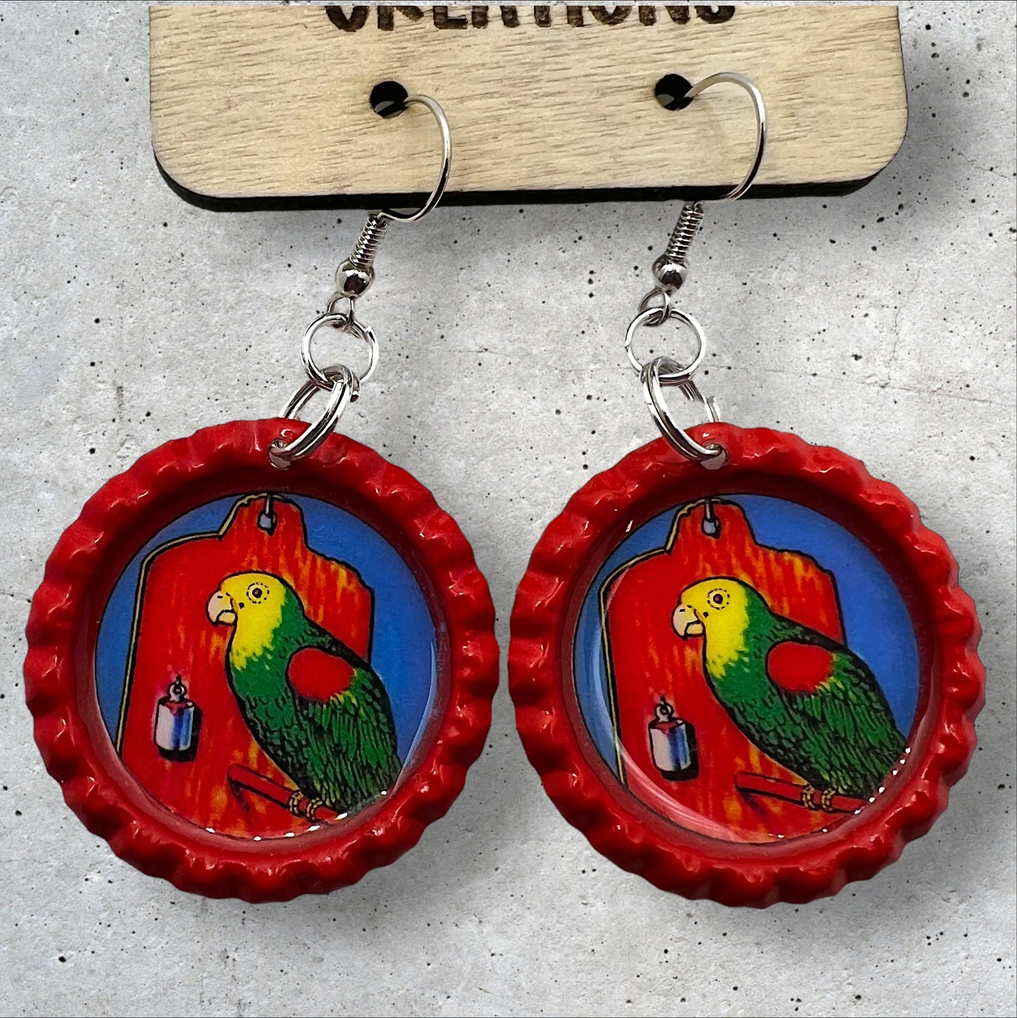 el cotorro Mexican Loteria  red flattened bottle cap earrings