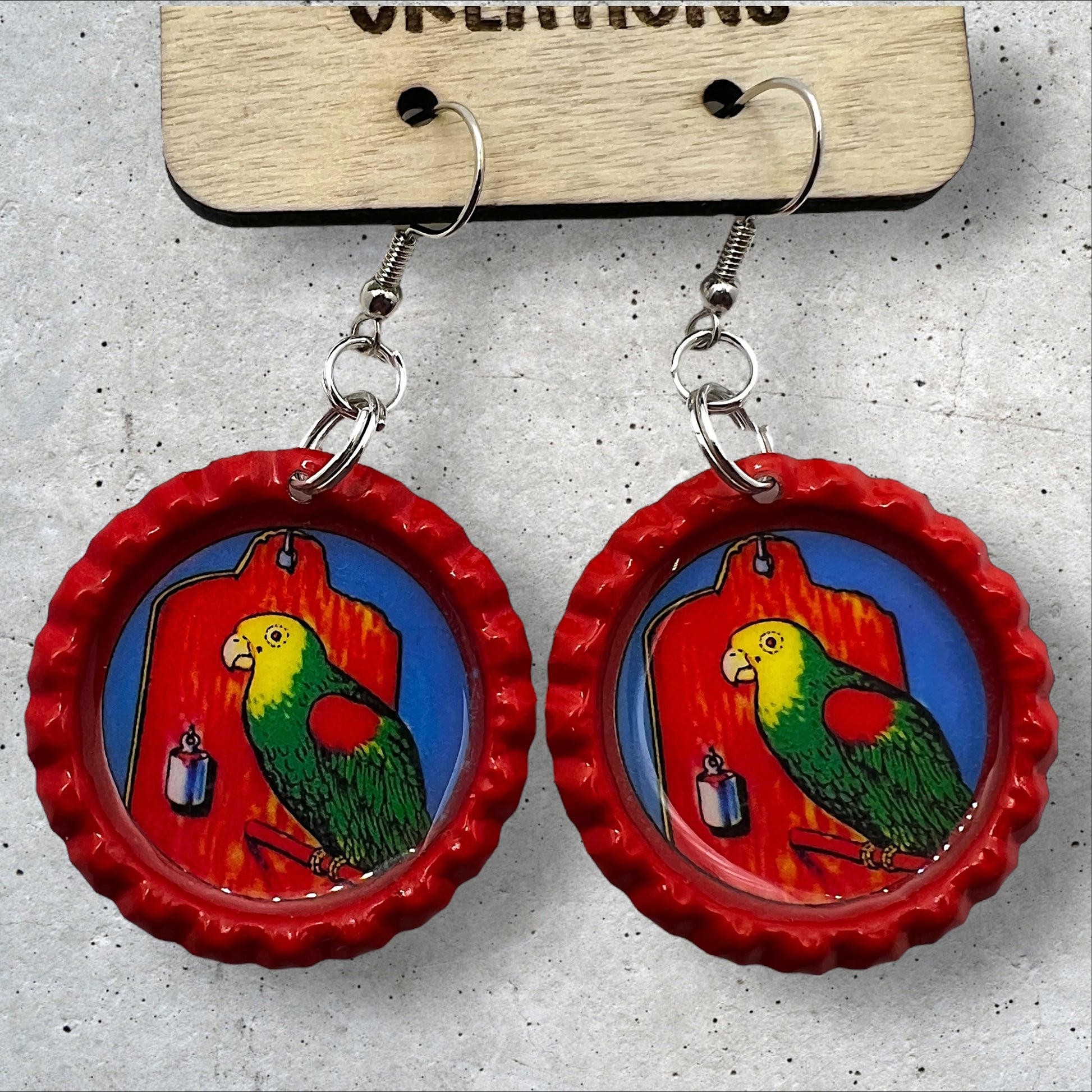 el cotorro Mexican Loteria  red flattened bottle cap earrings