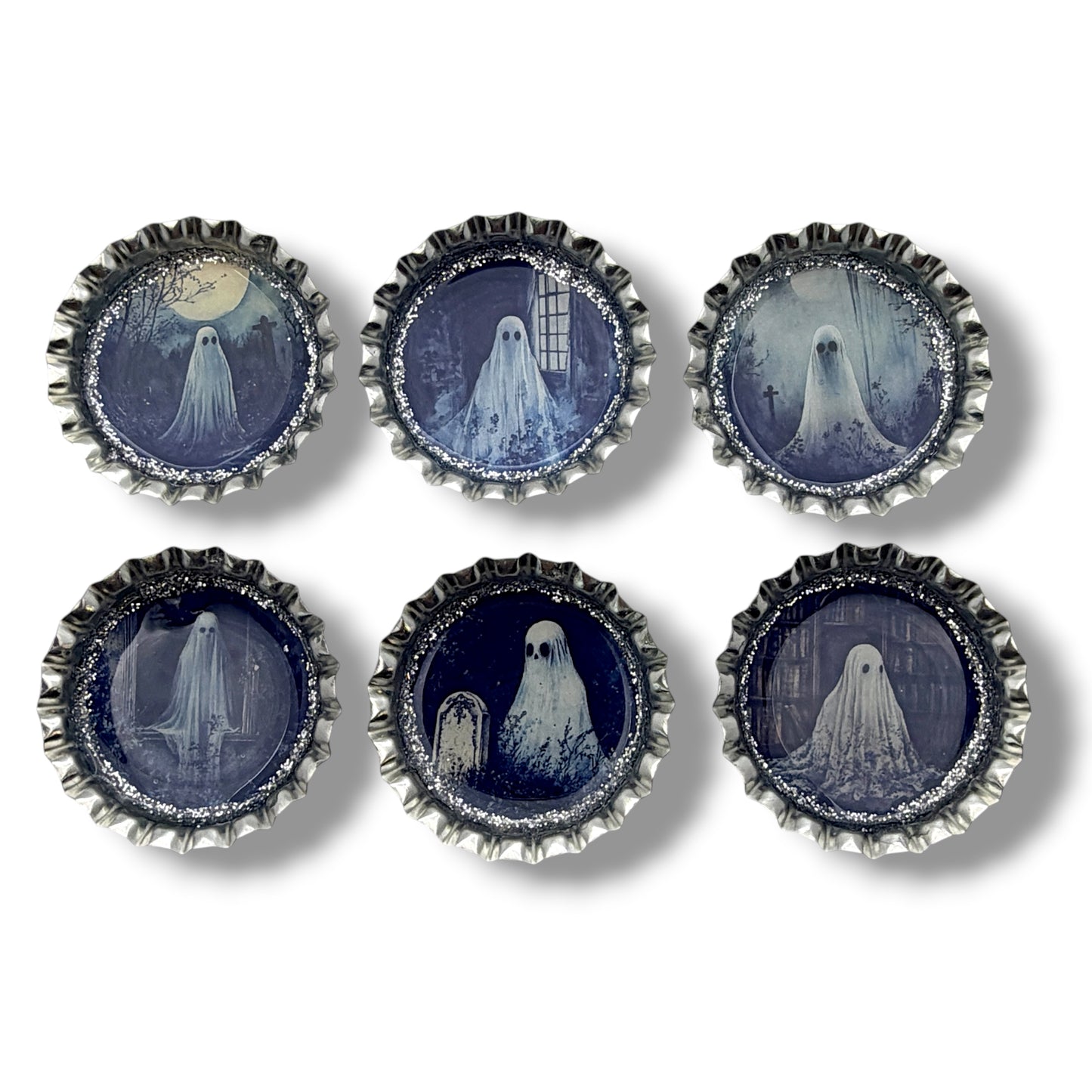 Spooky Ghost Bottle Cap Magnet Set