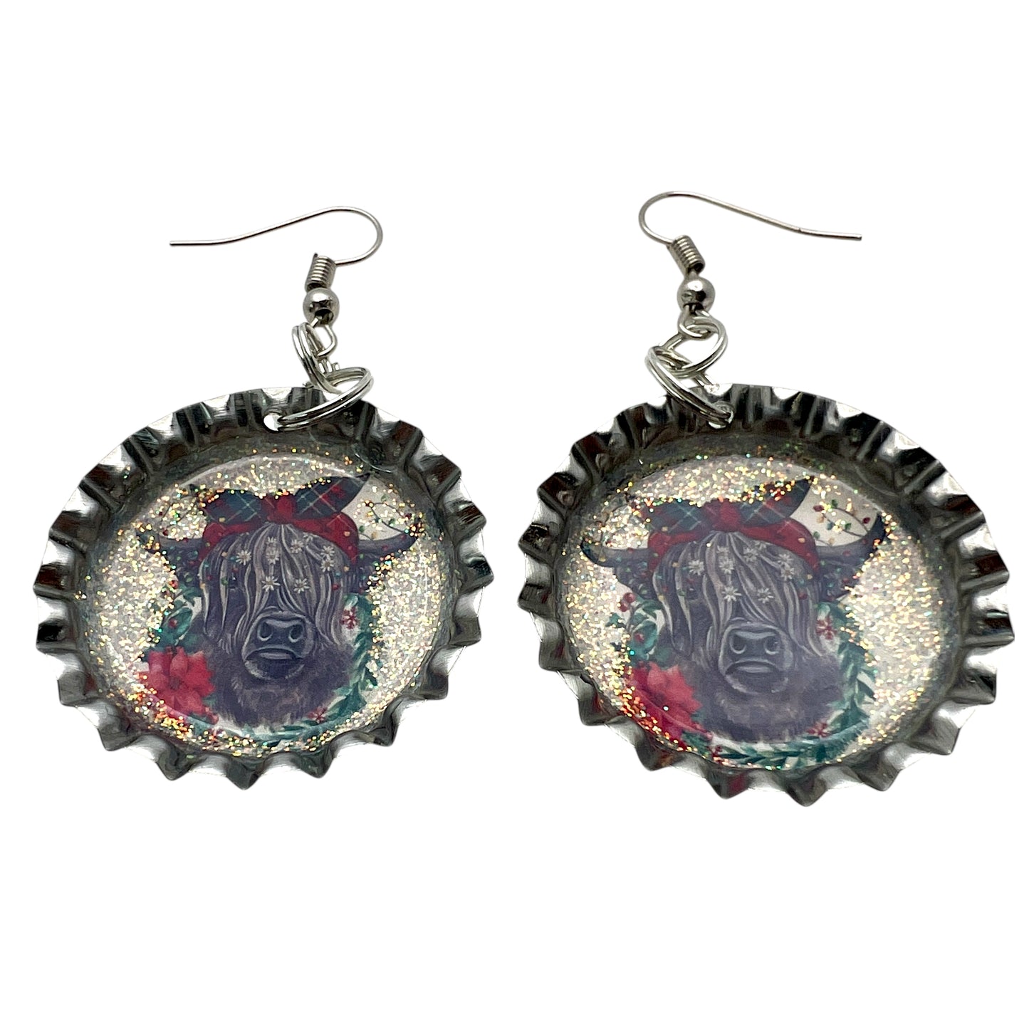 Christmas Highland Cow Bottle Cap Earrings