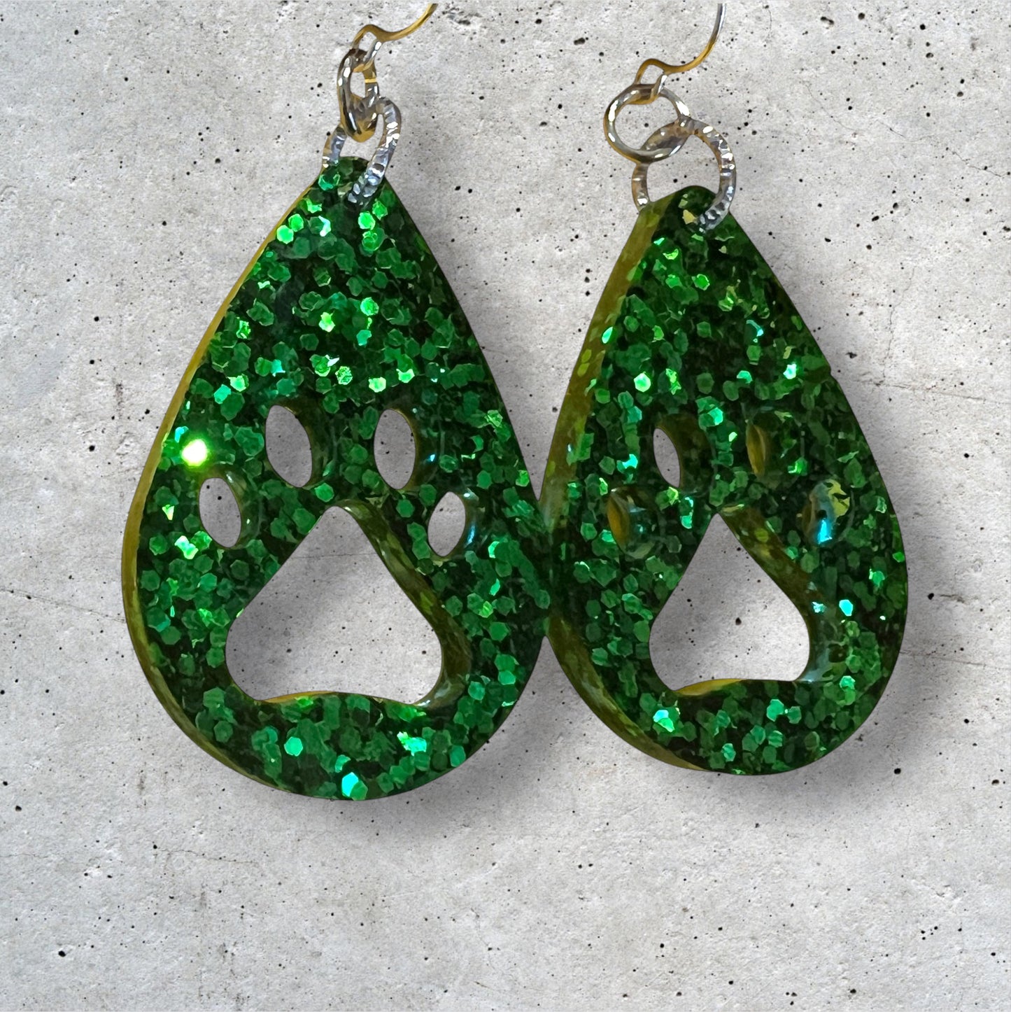 Medium Emerald Green Glitter Paw Teardrop Dangle Resin Earrings