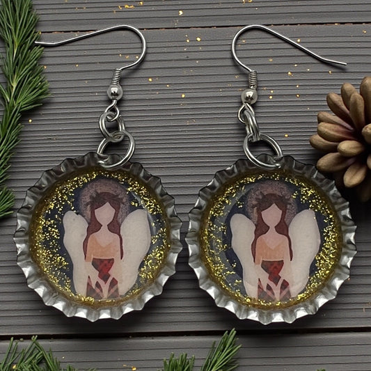 Angel Bottle Cap Earrings – Gold Glitter Resin Guardian Angel Dangle Earrings