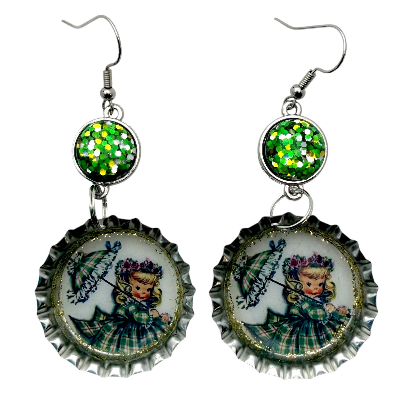 Retro Girl with Umbrella St. Patrick’s Day Bottle Cap Earrings