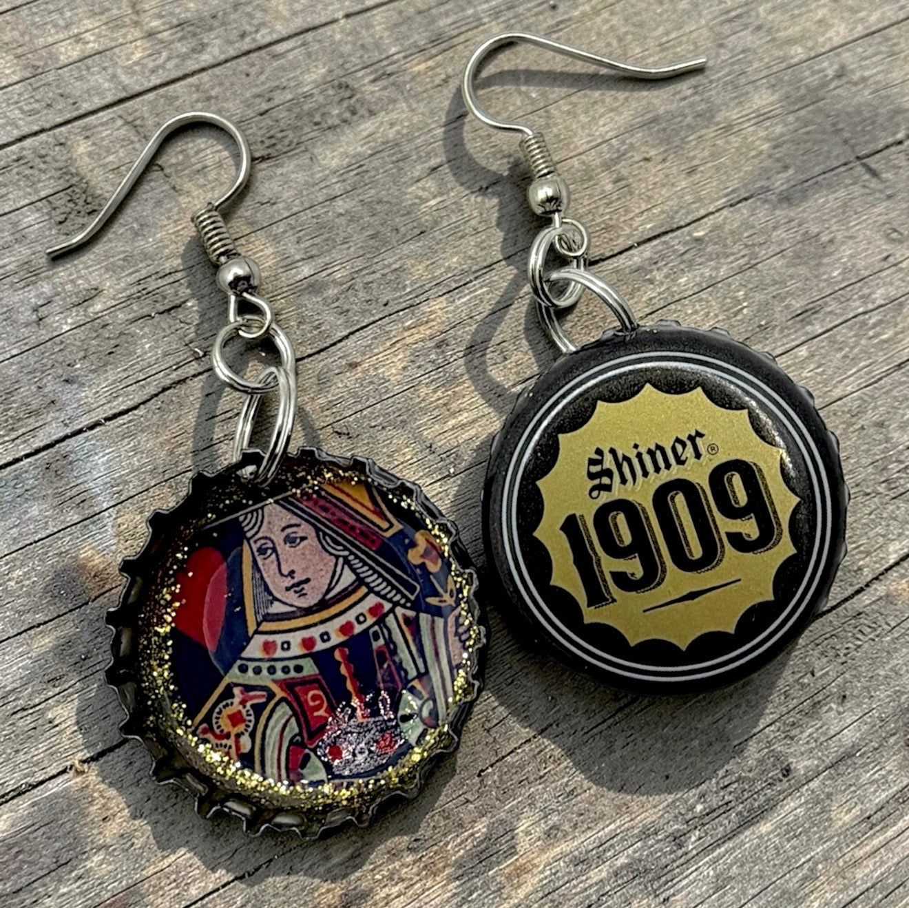 Upcycled Shiner Bottle Cap Queen of Hearts Earrings
