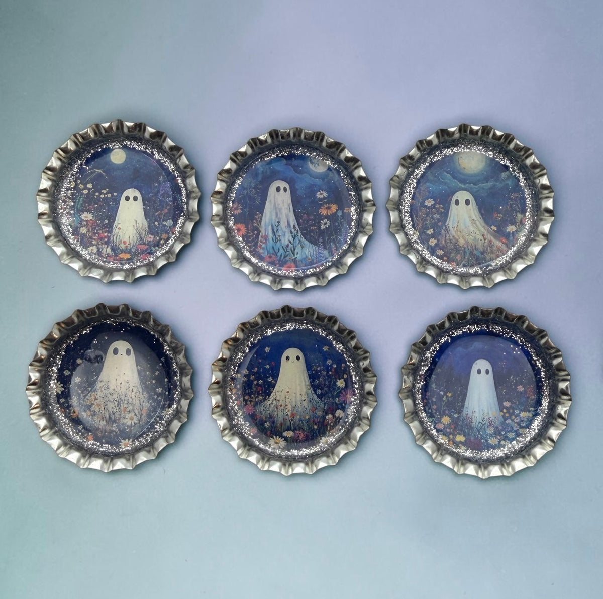 Spooky Floral Ghost Bottle Cap Magnet Set