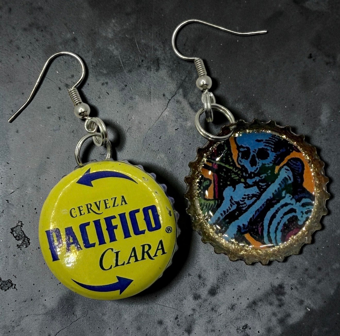 Upcycled Pacifico Bottle Cap Skeleton Earrings