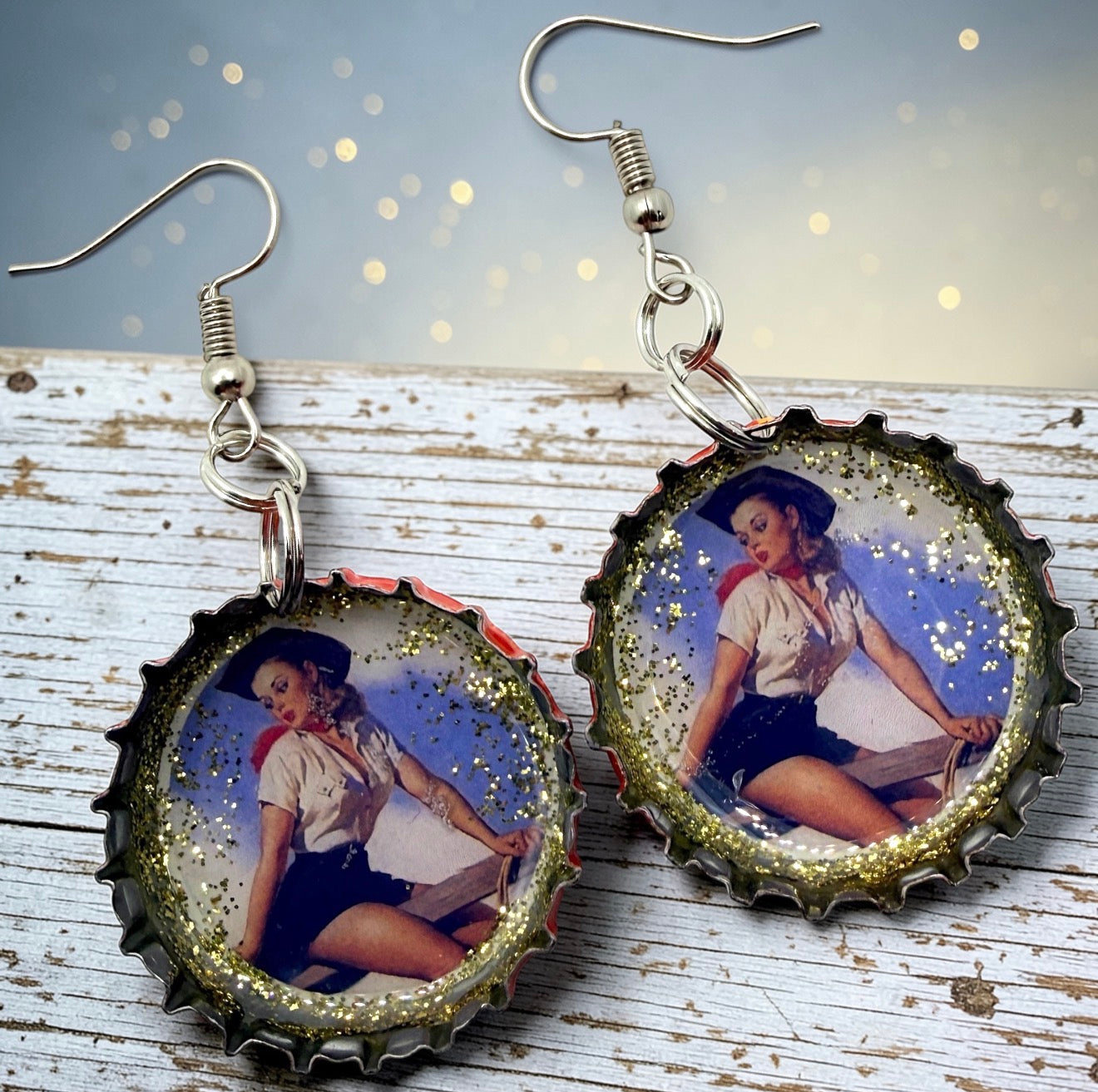 Upcycled Shiner Bock Bottle Cap Retro Cowgirl Earrings