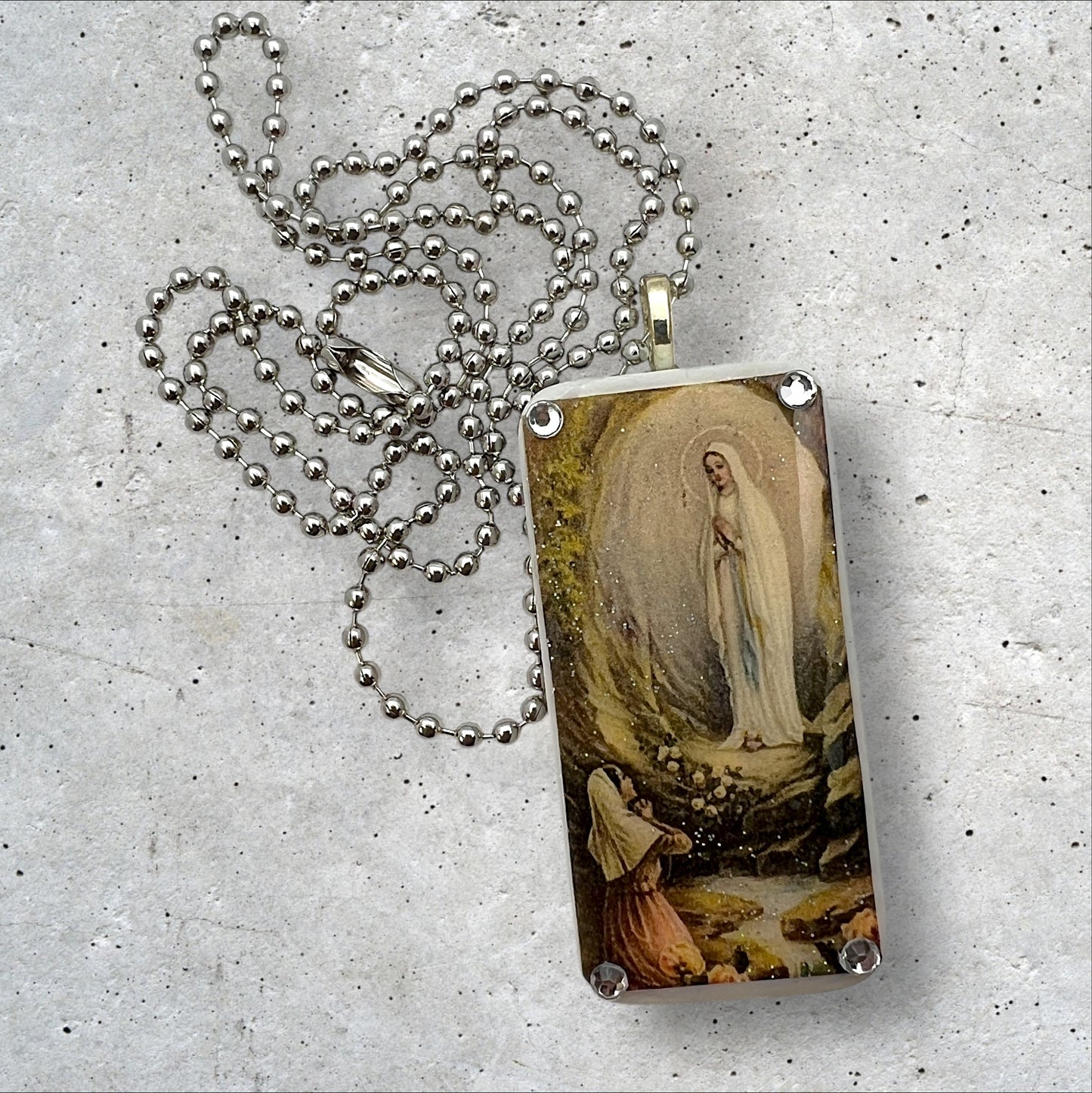 Religious blessed mother Virgin Mary Upcycled domino pendant 1x2 necklace with silver ball chain