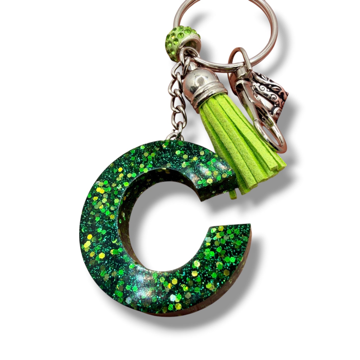 Green Glitter Initial Keychain – Resin Letter Charm with Tassel