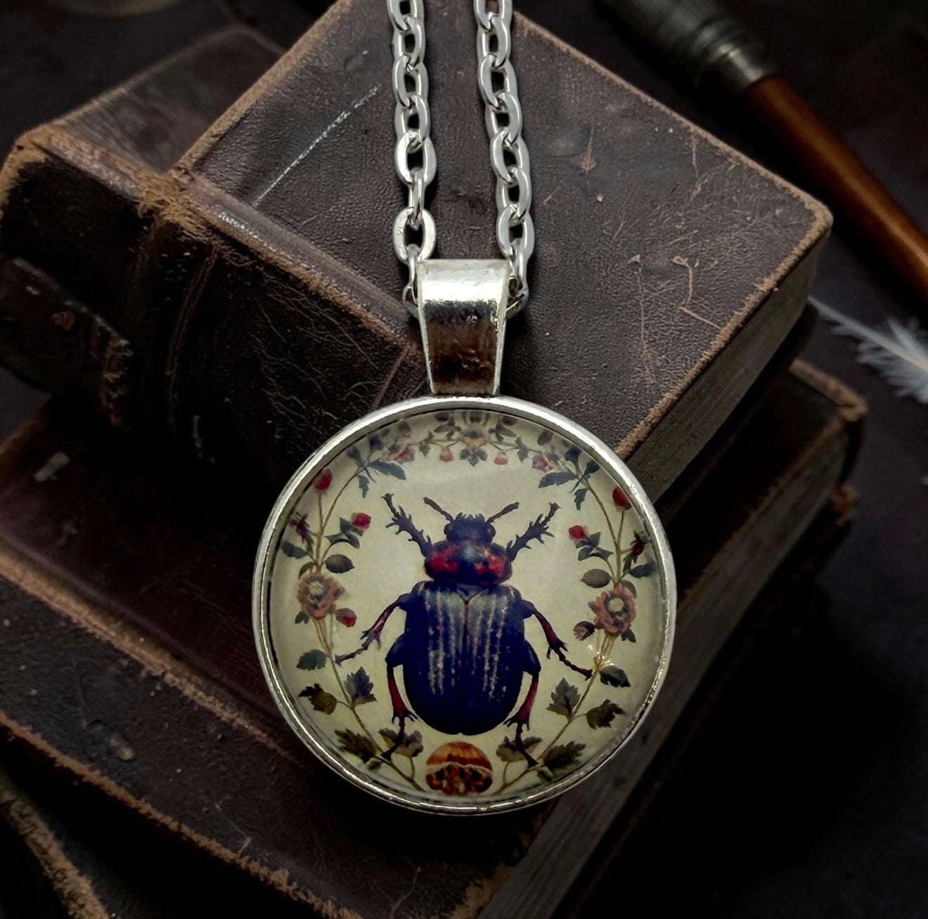 Gothic Beetle Glass Pendant Necklace