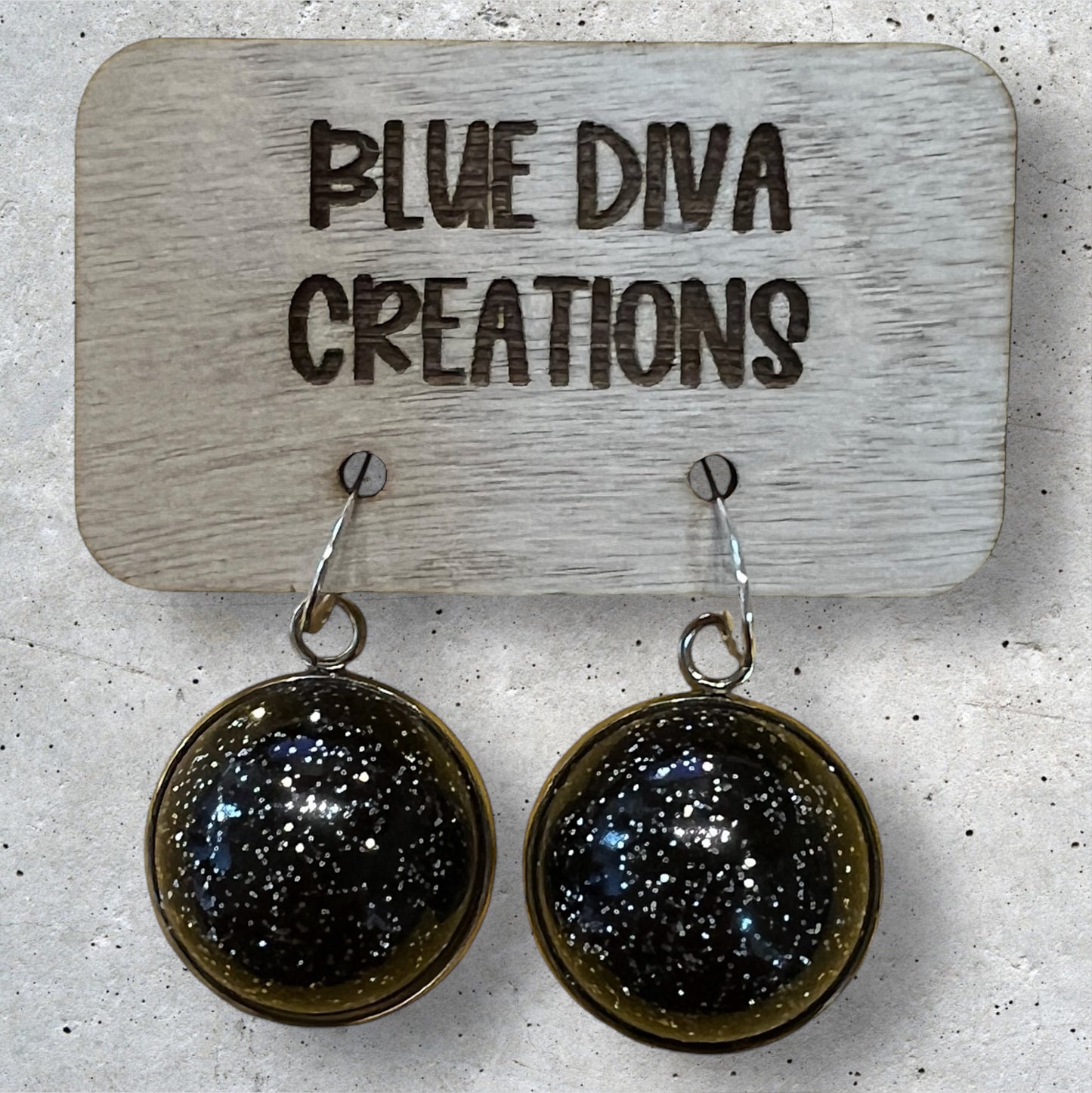 Black & Silver Domed Glitter Dangle 20mm  Resin Earrings