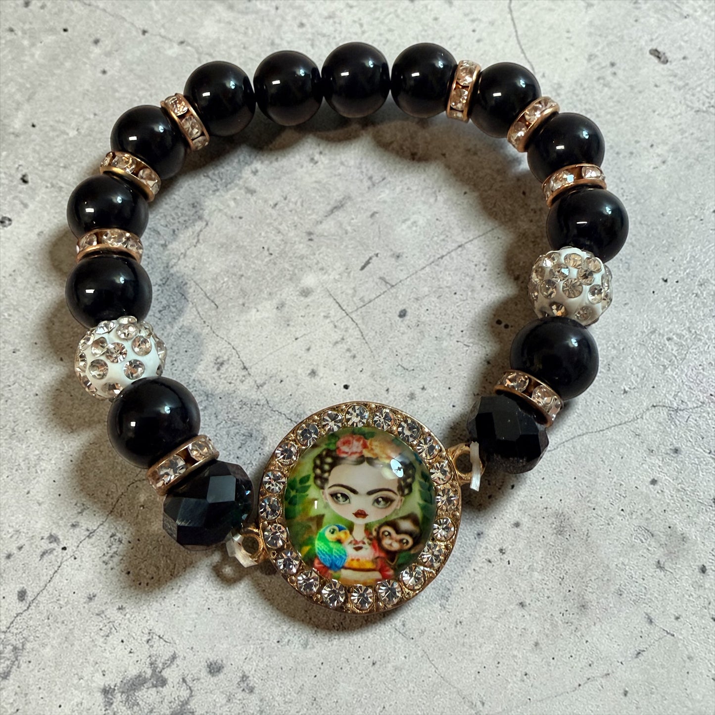 Frida Kahlo Black Beaded Stretch Bracelet Rhinestone Charm