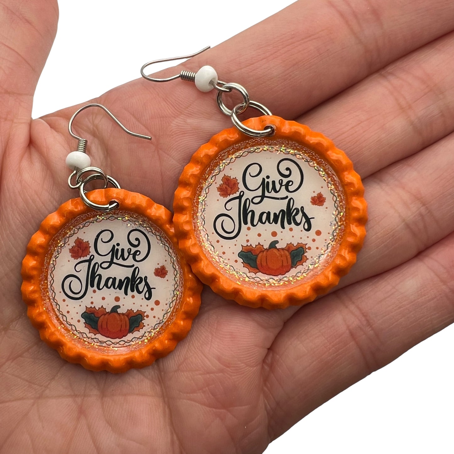 Give Thanks Pumpkin Bottle Cap Earrings