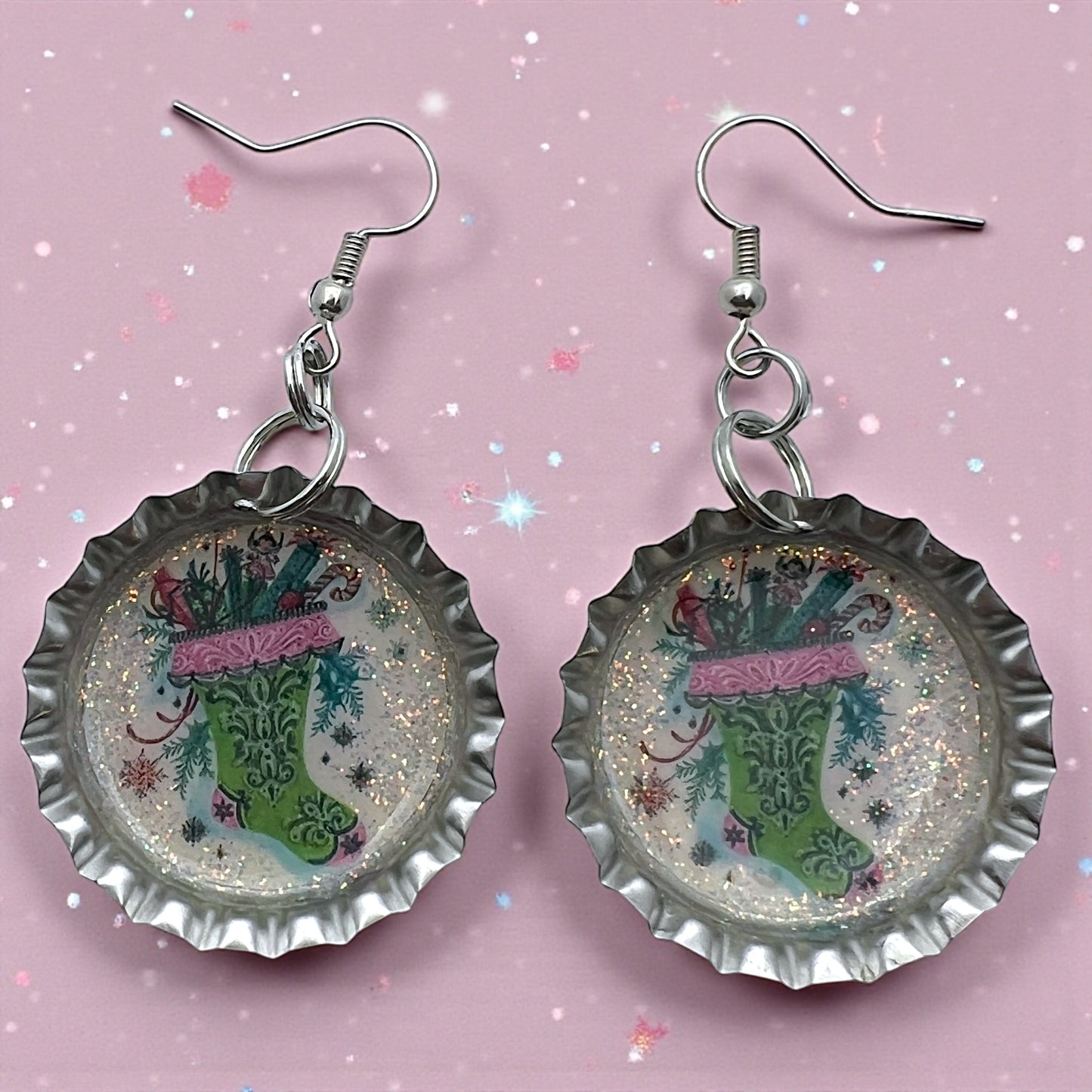 Christmas Stocking Bottle Cap Earrings