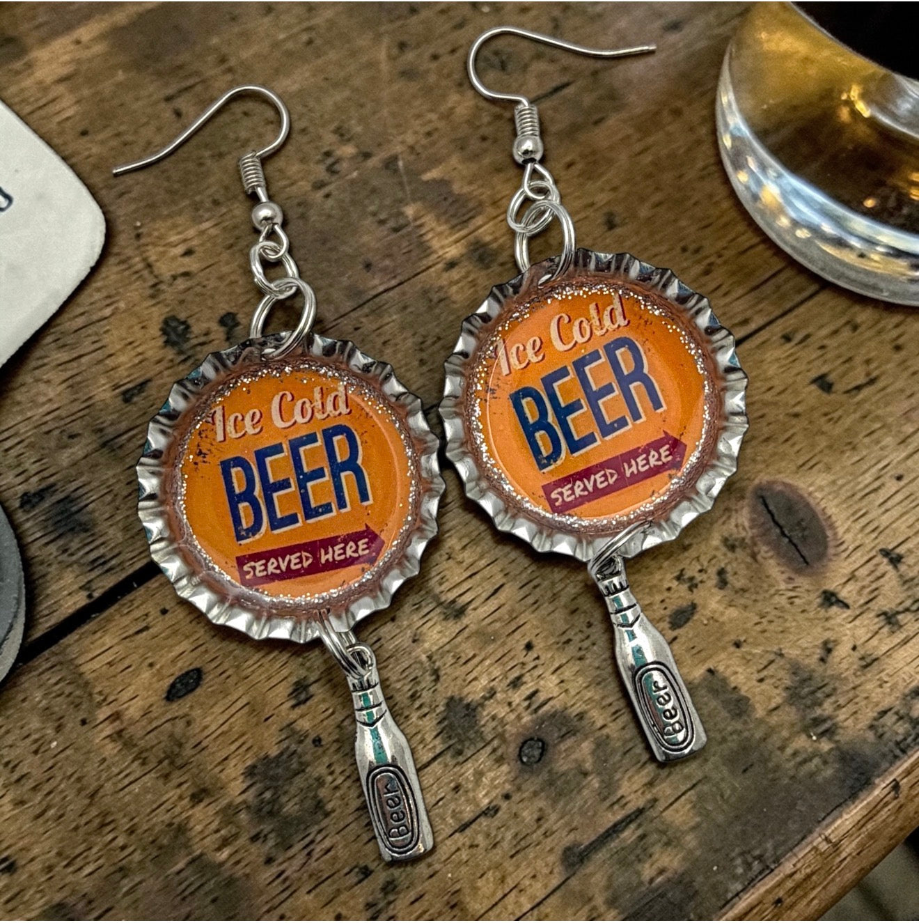 Upcycled Beer Bottle Cap Earrings with Charm