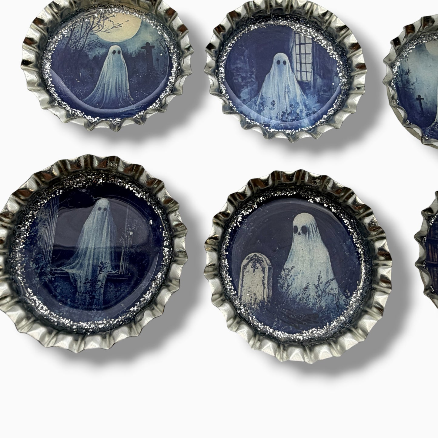 Spooky Ghost Bottle Cap Magnet Set