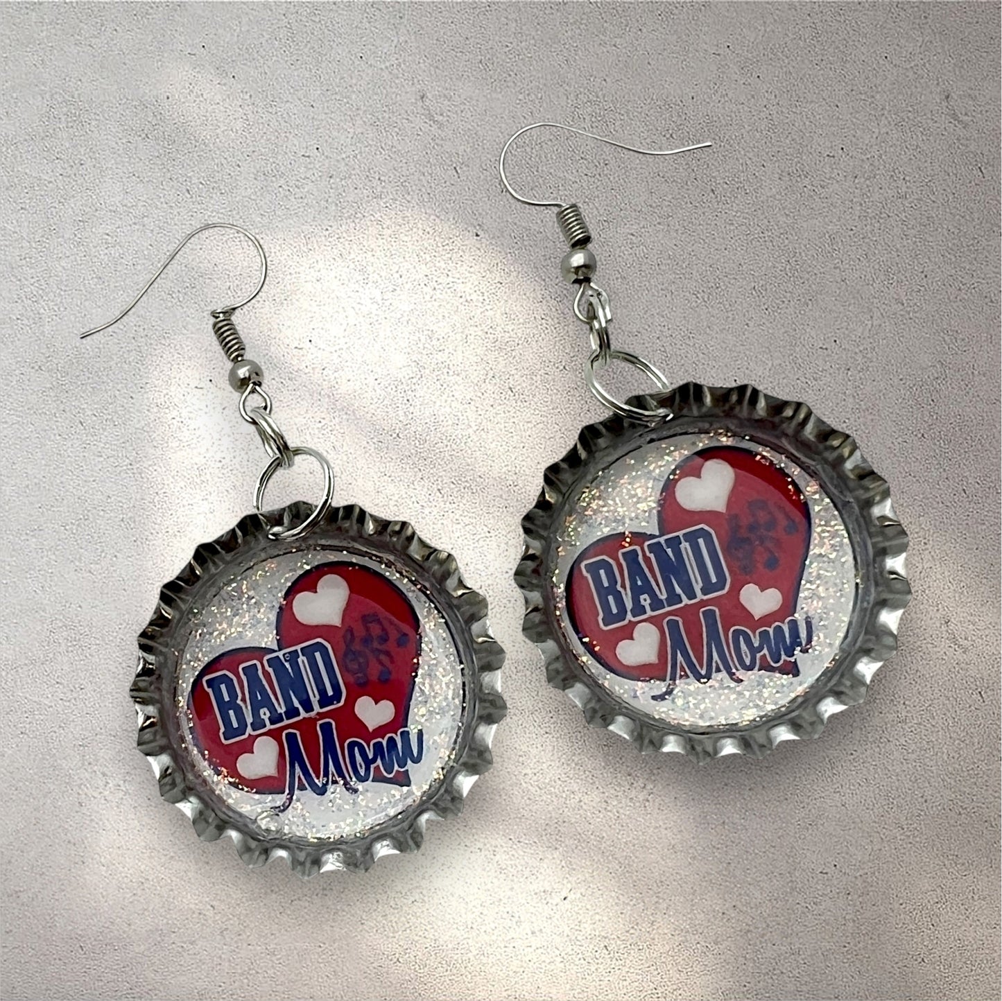 Blue & Red Band Mom Bottle Cap Earrings – Glitter Heart Music Note Dangle Jewelry
