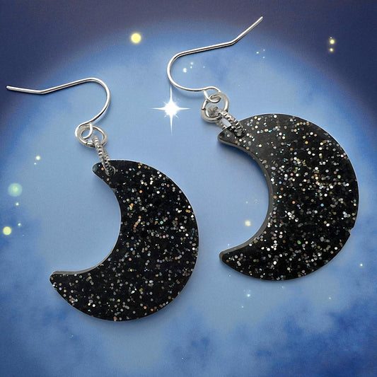 Black Glitter Resin Crescent Moon Earrings 