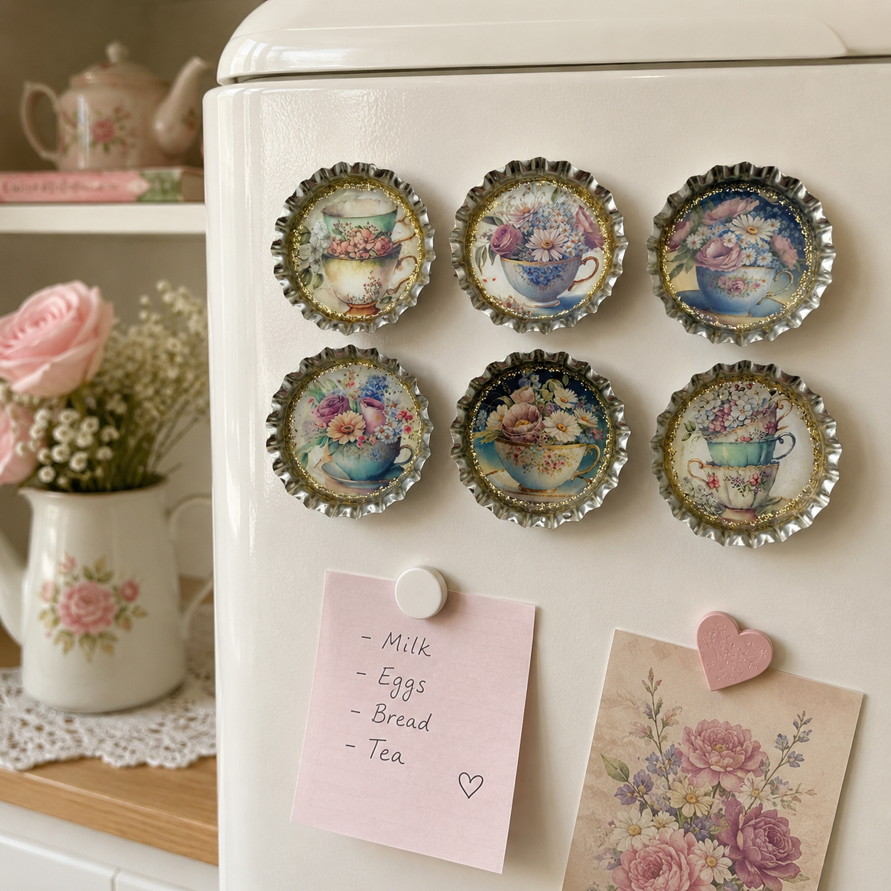 Floral Teacup Bottle Cap Magnet Set