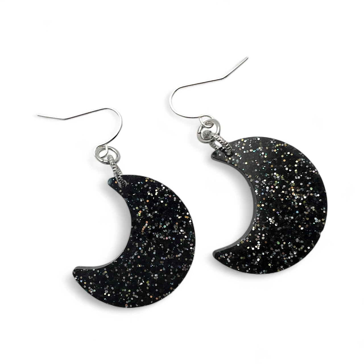 Black Glitter Resin Crescent Moon Earrings