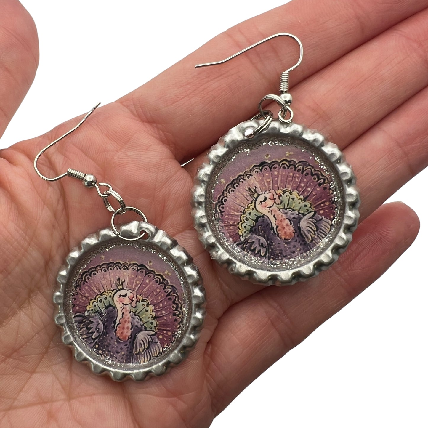 Purple Turkey Bottle Cap Earrings