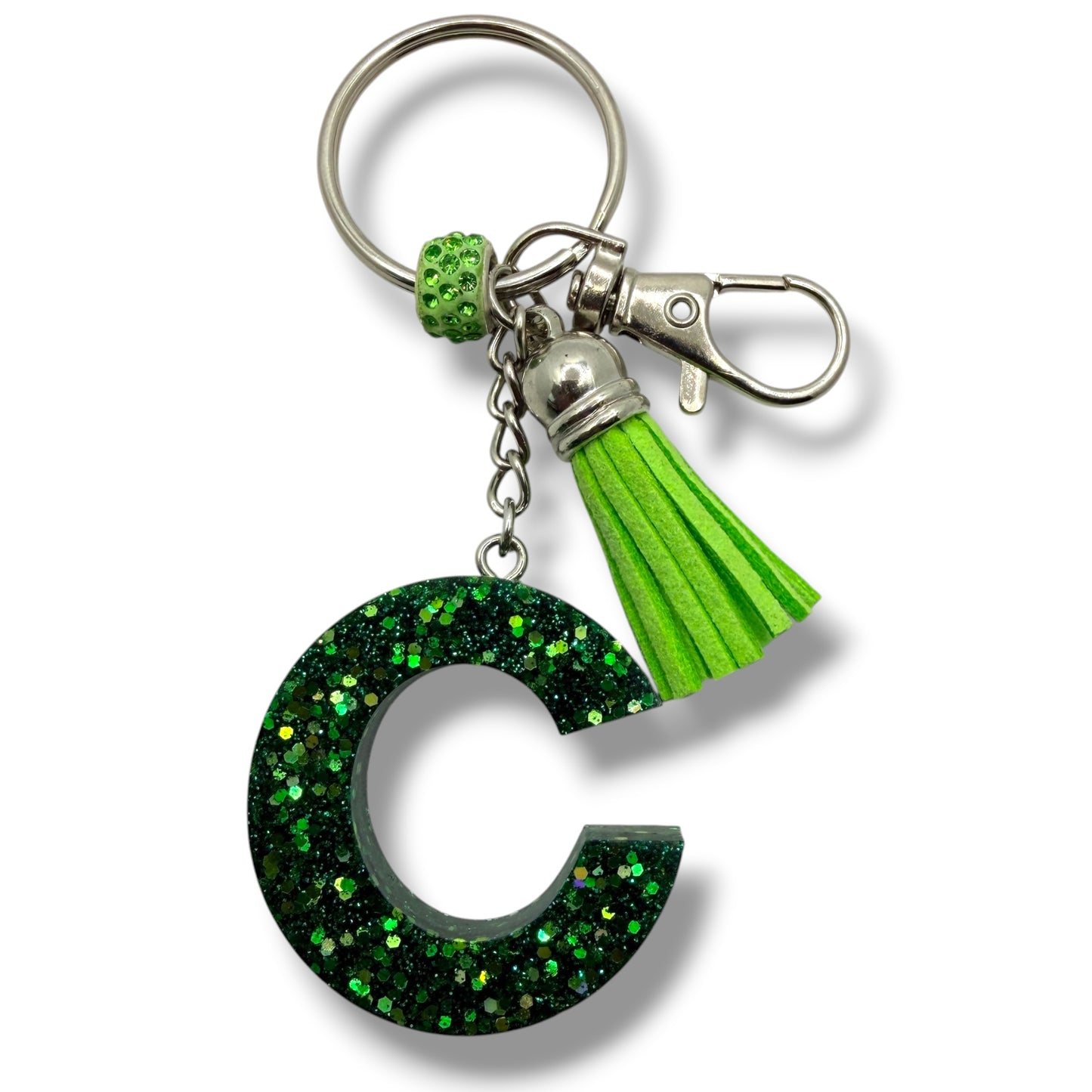 Green Glitter Initial Keychain – Resin Letter Charm with Tassel
