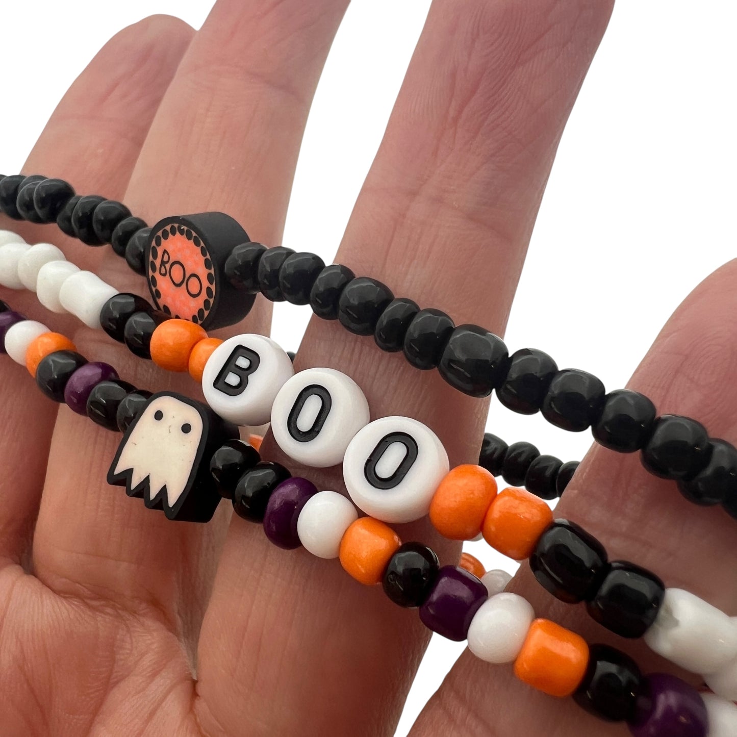 Halloween Beaded Stretch Bracelet Set – Ghost & BOO Charms