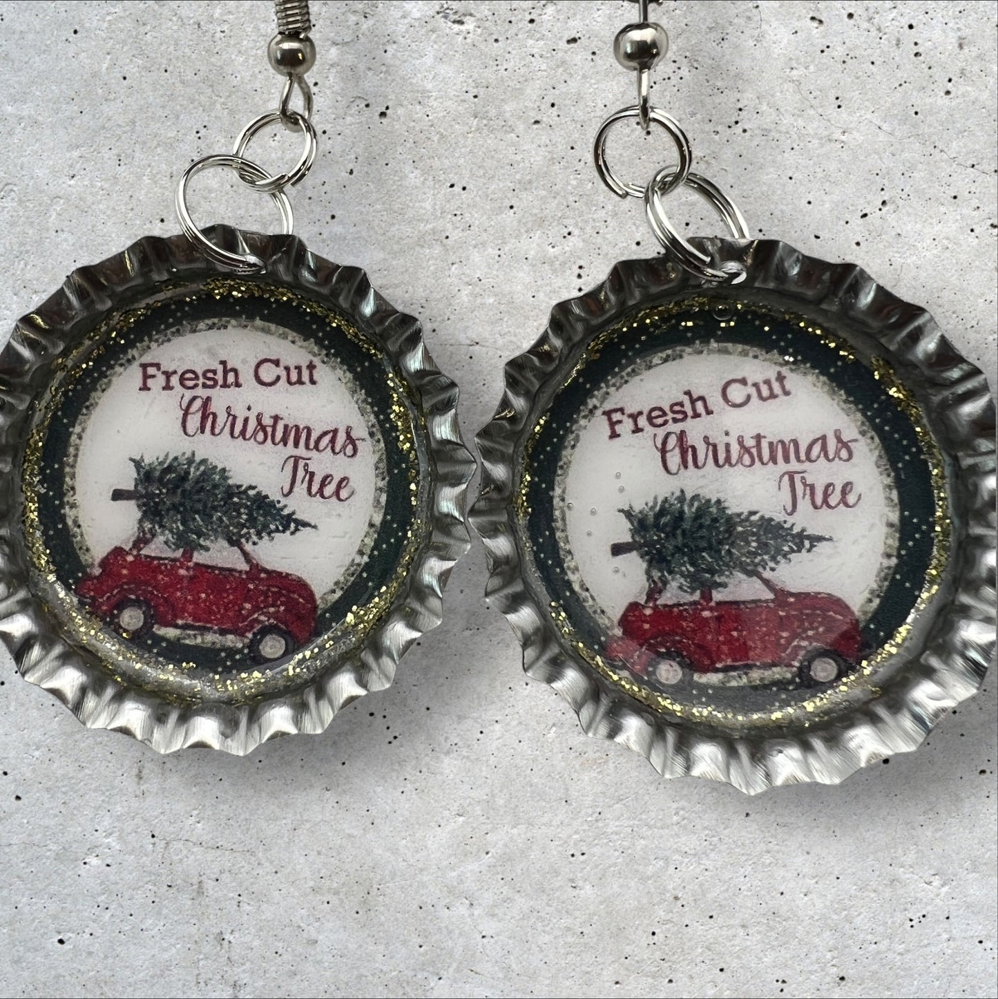 Fresh Cut Christmas Trees Bottle Cap Earrings