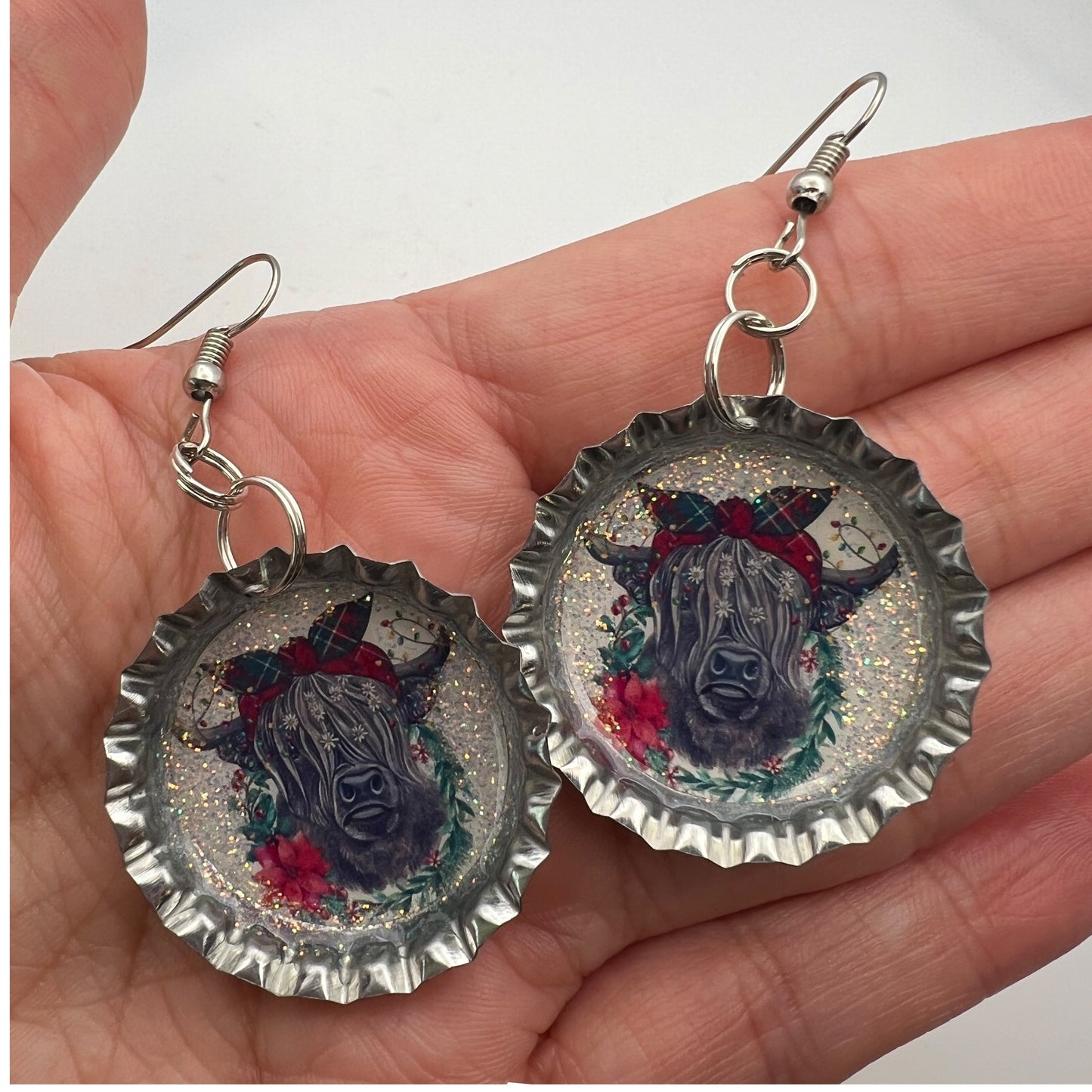 Christmas Highland Cow Bottle Cap Earrings