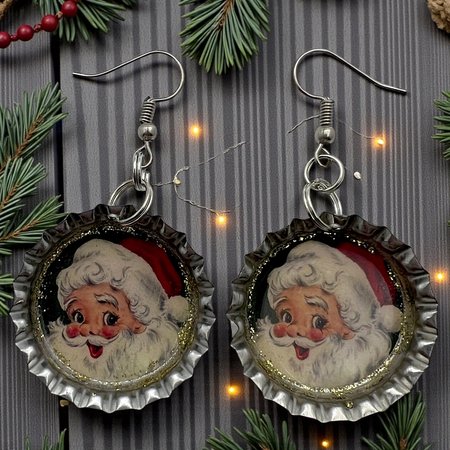 Vintage Santa Bottle Cap Earrings
