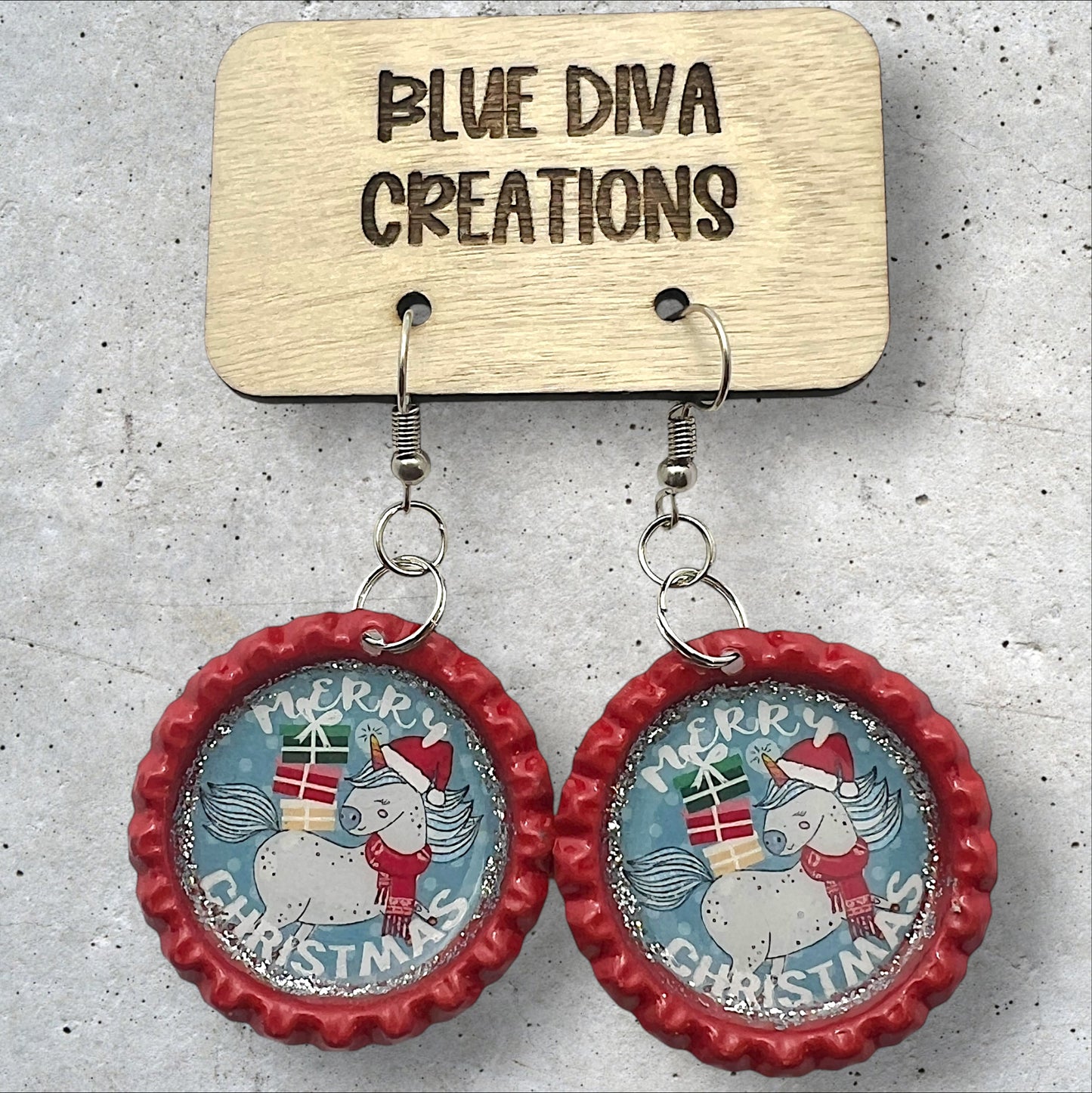 Whimsical Christmas Unicorn Red Bottle Cap Earrings