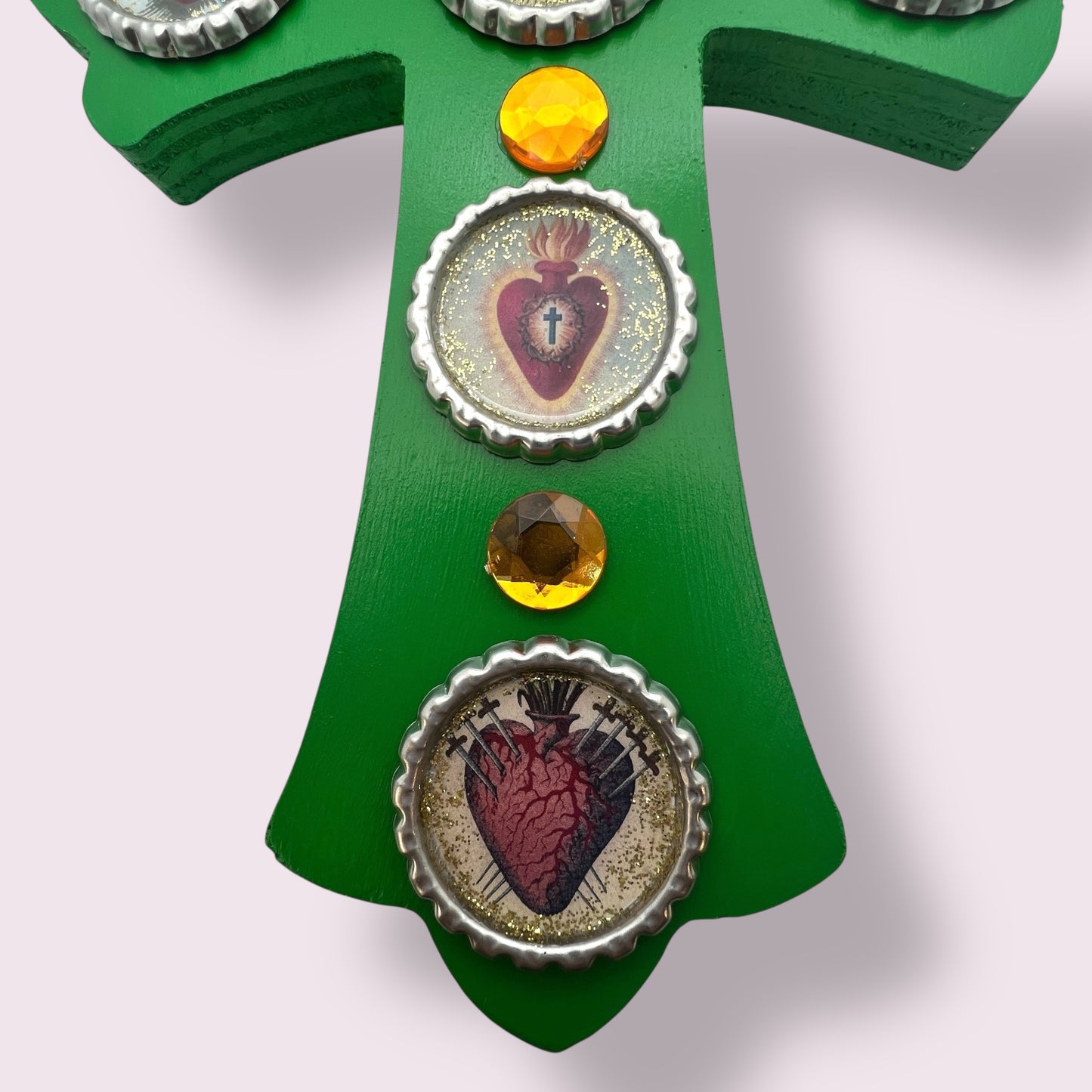 Sacred Heart Wooden Cross – 8” Green Folk Art Cross with Bottle Cap Resin Images & Rhinestones