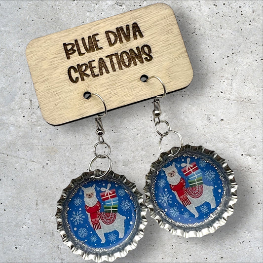 Festive Christmas Llama Bottle Cap Earrings