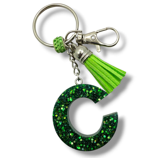 Green Glitter Initial Keychain – Resin Letter Charm with Tassel