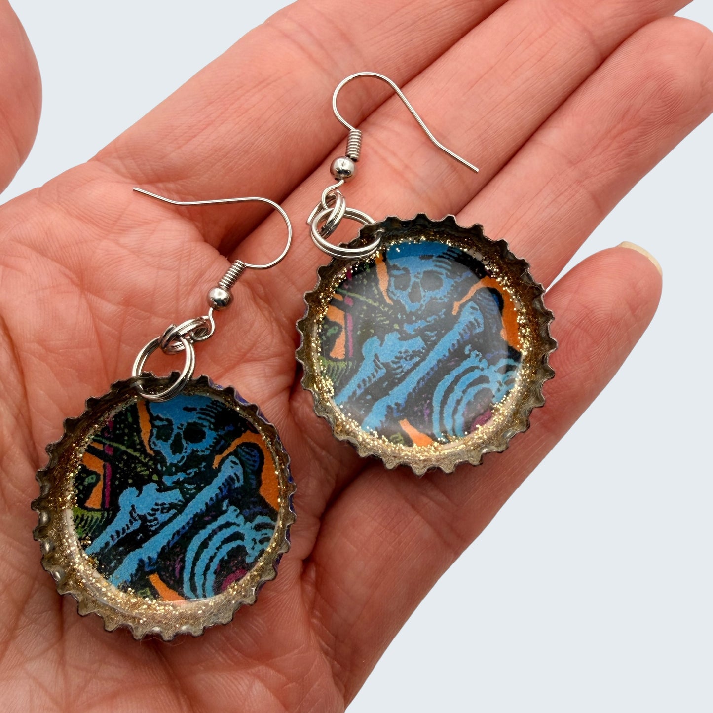 Upcycled Pacifico Bottle Cap Skeleton Earrings