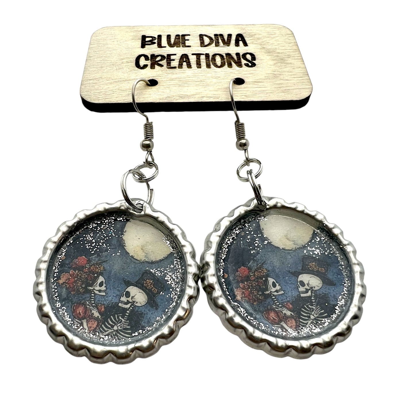 “Dancing in the Moonlight”Skeleton Couple Bottle Cap Earrings