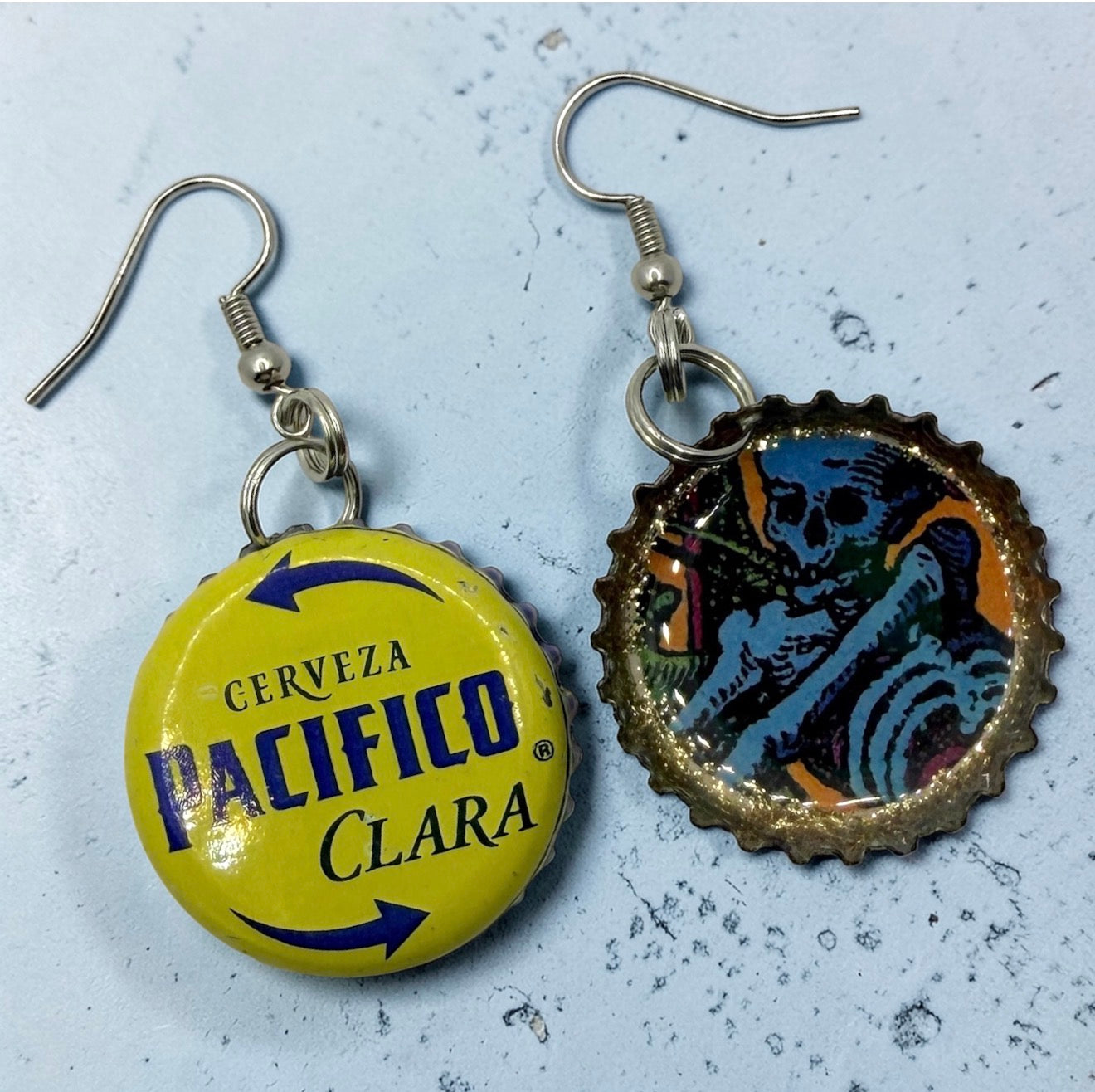 Upcycled Pacifico Bottle Cap Skeleton Earrings