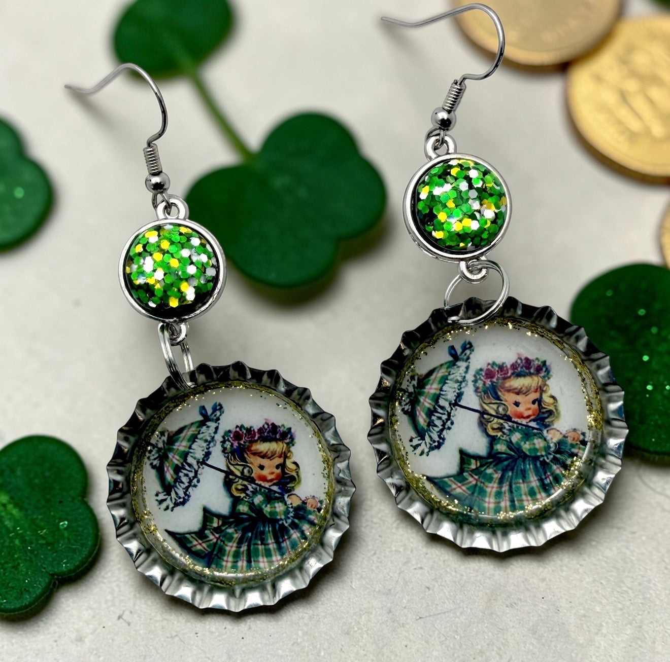 Retro Girl with Umbrella St. Patrick’s Day Bottle Cap Earrings