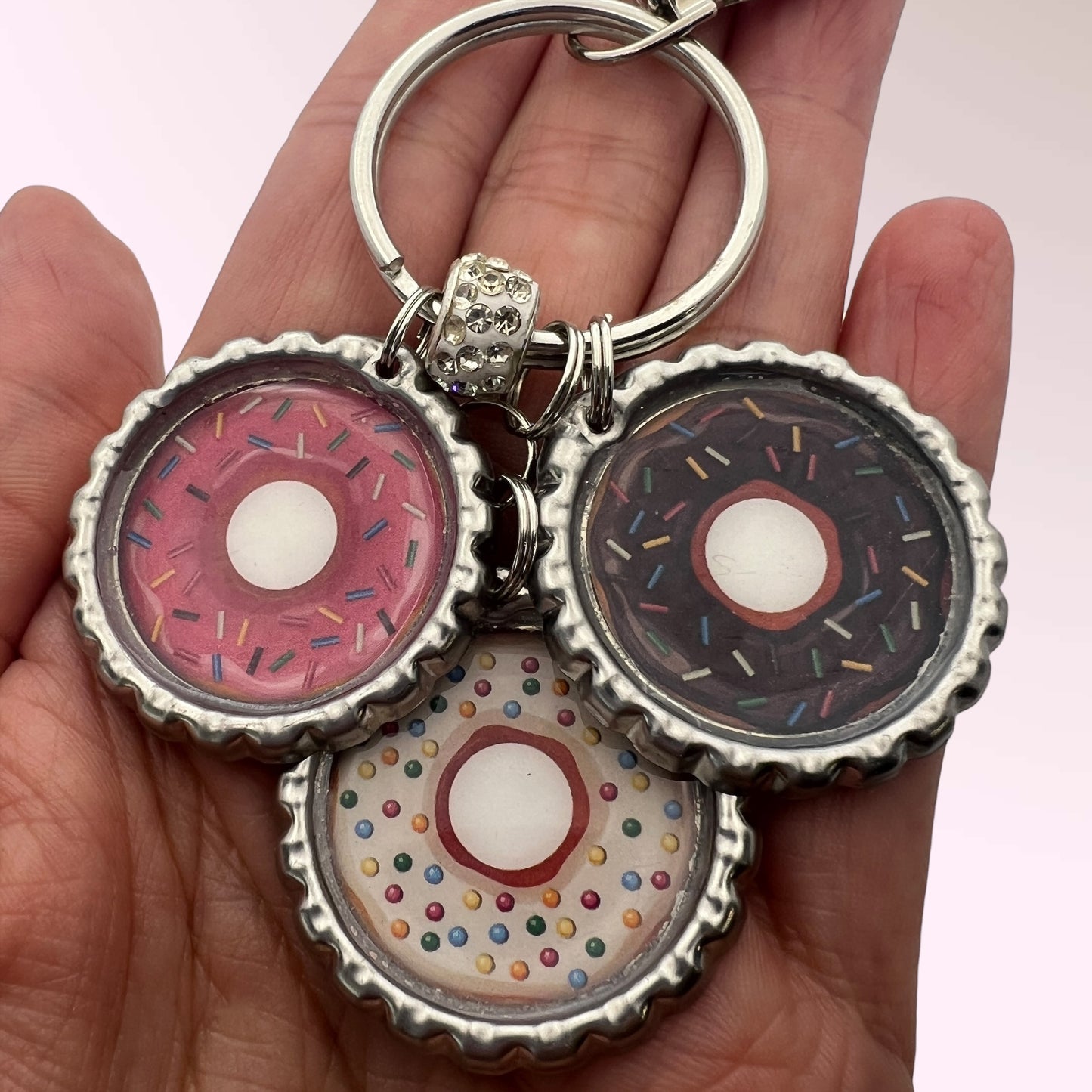 Donut Bottle Cap Keychain – Pink Chocolate Sprinkle Kawaii Dessert Charm