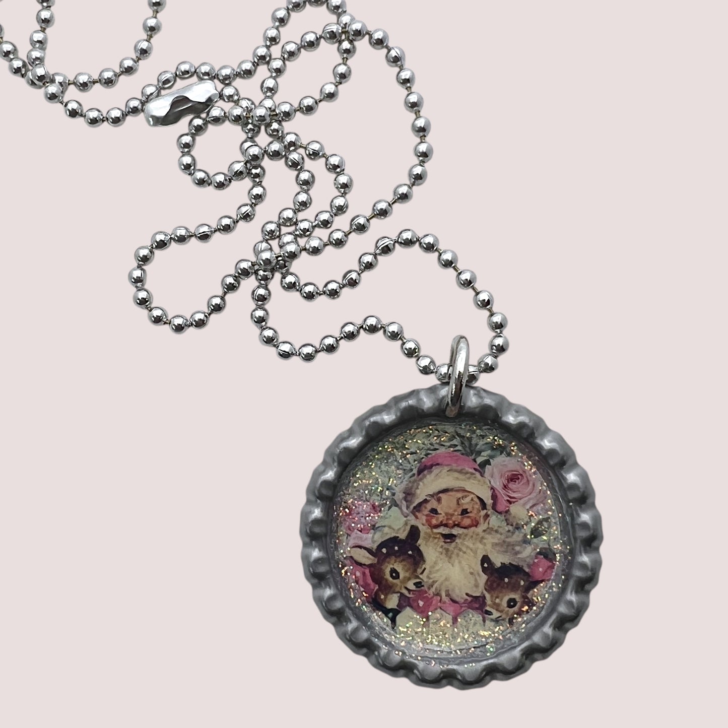 Retro Vintage Santa Bottle Cap Necklace