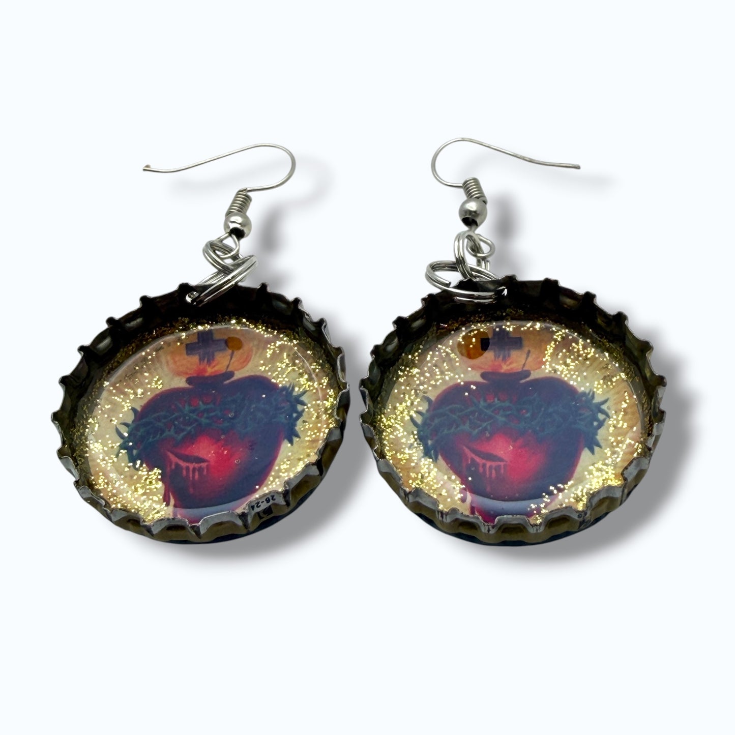 Upcycled Blue Moon Bottle Cap Sacred Heart Earrings